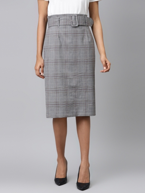 

Marks & Spencer Women Grey & Maroon Checked Sustainable Formal Straight Skirt with Belt