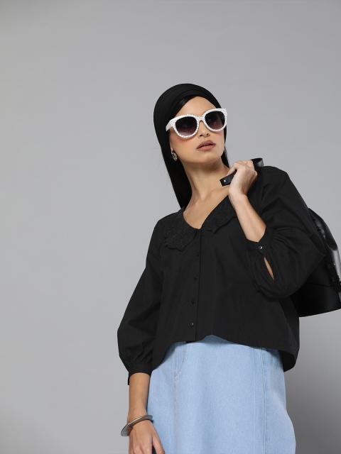 

SASSAFRAS Women Black Regular Fit Solid Casual Shirt With Embroidered Detailing