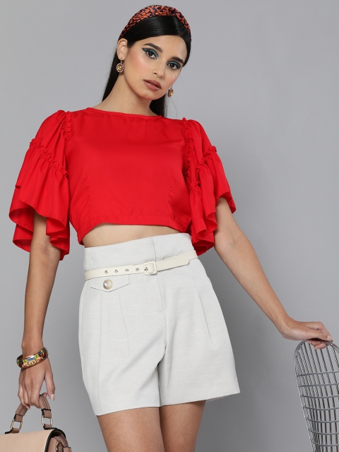 

SASSAFRAS Red Flared Sleeves Blouson Crop Top