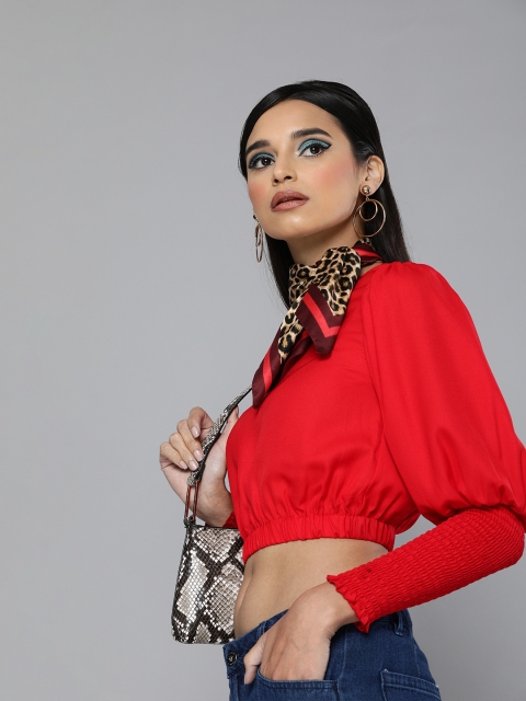 

SASSAFRAS Red Puff Sleeves Smocked Blouson Crop Top