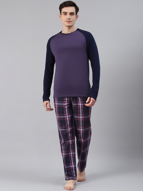 

Marks & Spencer Men Purple & Navy Pure Cotton Solid Nightsuit
