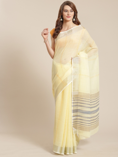 

Nanda Silk Mills Yellow & Silver Sequinned Striped Saree