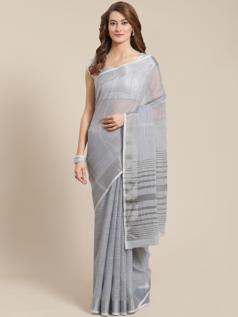 

Nanda Silk Mills Grey & Silver Sequinned Striped Saree