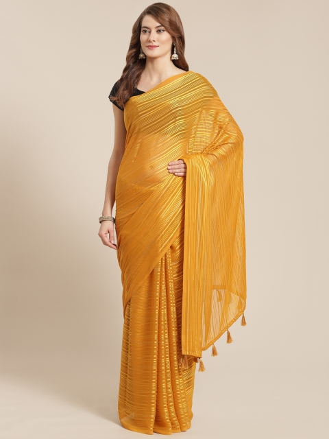 

Nanda Silk Mills Mustard Yellow & Silver Woven Design Satin Saree
