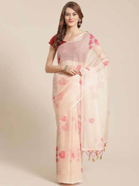 

Nanda Silk Mills Beige & Pink Floral Printed Organza Saree