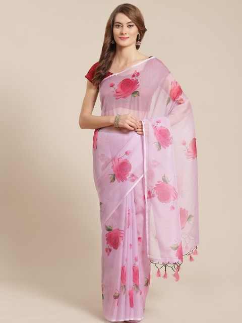

Nanda Silk Mills Pink & Green Floral Printed Organza Saree