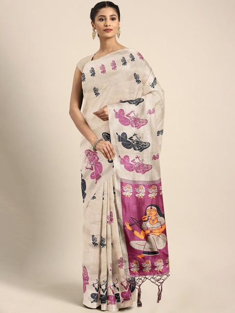 

KALINI Beige & Pink Printed Khadi Saree