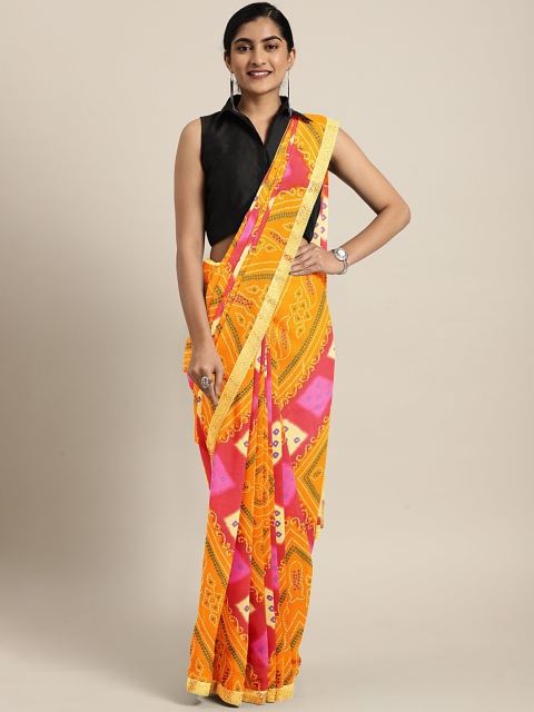 

KALINI Mustard Yellow & Pink Pure Georgette Printed Bandhani Saree