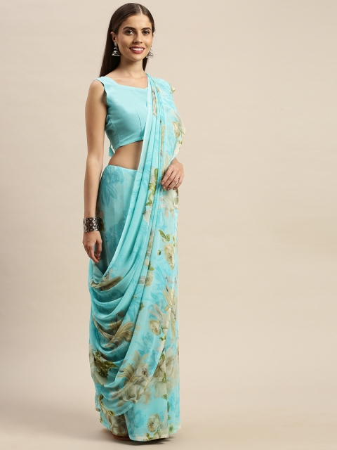 

KALINI Turquoise Blue & Green Floral Printed Celebrity Saree