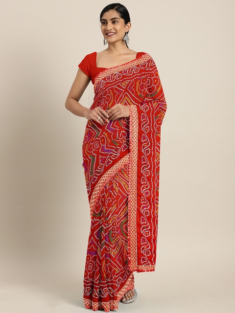 

KALINI Red & White Pure Georgette Printed Bandhani Saree