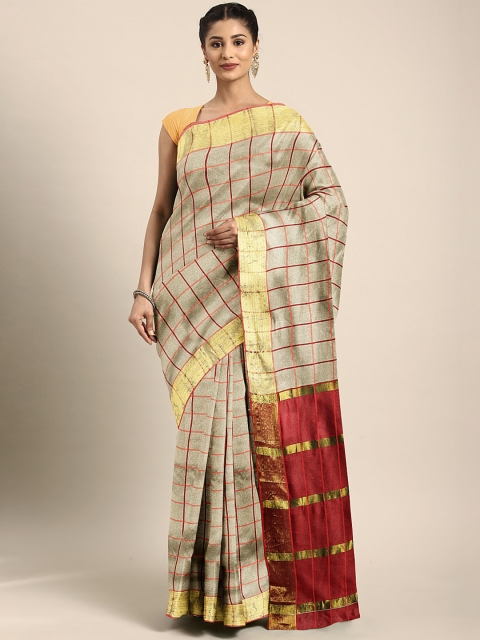 

KALINI Beige & Maroon Silk Blend Checked Chanderi Saree