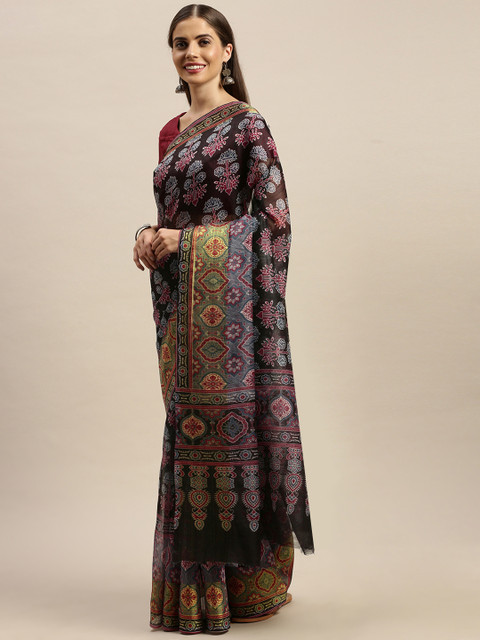 

KALINI Black & Pink Polycotton Printed Saree
