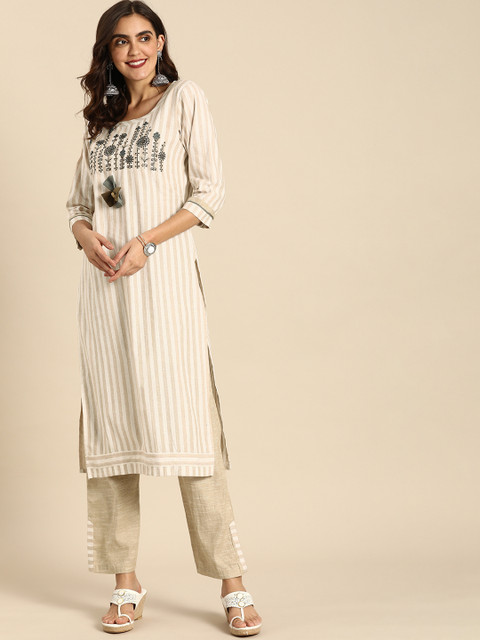 

Rajnandini Women Off White Embroidered Regular Thread Work Pure Cotton Kurta with Trousers