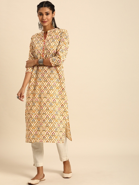 

Rajnandini Women Beige & Yellow Floral Printed Mandarin Collar Kurta