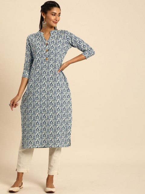 

Rajnandini Women White & Blue Ethnic Motifs Printed Mandarin Collar Kurta