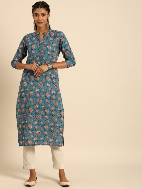 

Rajnandini Women Blue & Pink Ethnic Motifs Printed Mandarin Collar Kurta