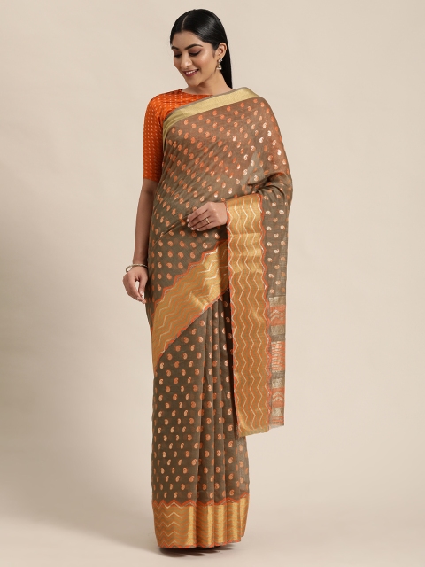 

Mitera Brown & Orange Foil Printed Kanjeevaram Celebrity Saree