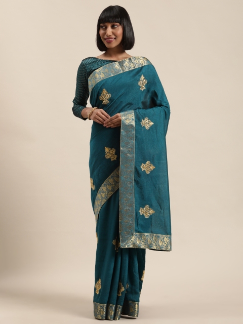 

Satrani Teal Blue & Gold-Coloured Embroidered Banarasi Celebrity Saree