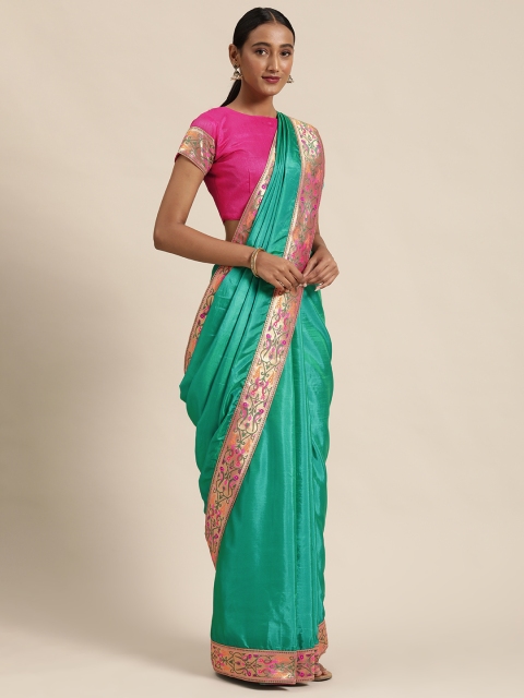 

Satrani Turquoise Blue & Golden Poly Silk Solid Saree