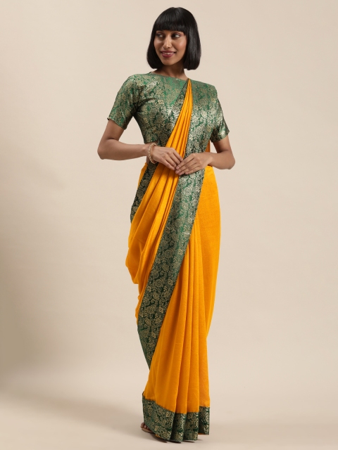

Satrani Mustard Yellow & Green Solid Kanjeevaram Celebrity Saree