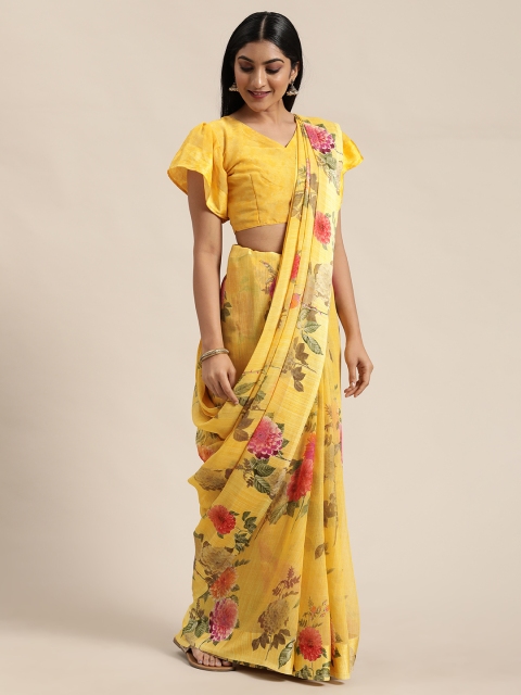 

Satrani Yellow & Pink Floral Printed Celebrity Saree