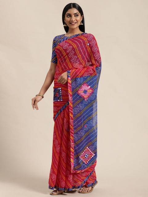 

Satrani Pink & Navy Blue Pure Georgette Embellished Bandhani Saree