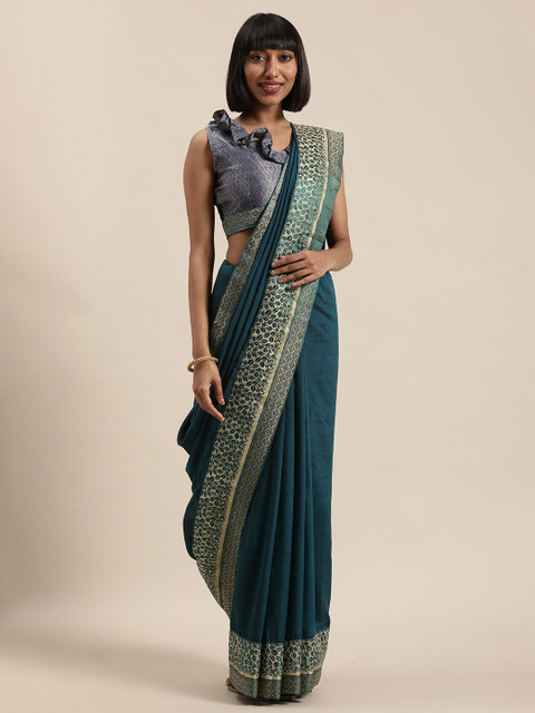 

Satrani Teal Blue & Gold-Coloured Solid Banarasi Saree