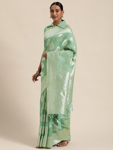 

Satrani Green & Silver-Toned Cotton Blend Woven Design Saree