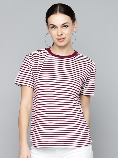 

Femella Women Maroon & White Striped Round Neck T-shirt