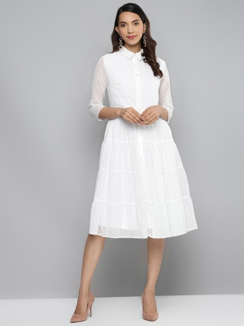 

Femella Women White Dobby Self Design A-Line Tiered Dress