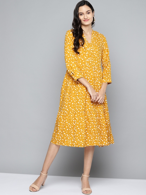 

Femella Women Mustard Yellow & White Polka Print A-Line Dress