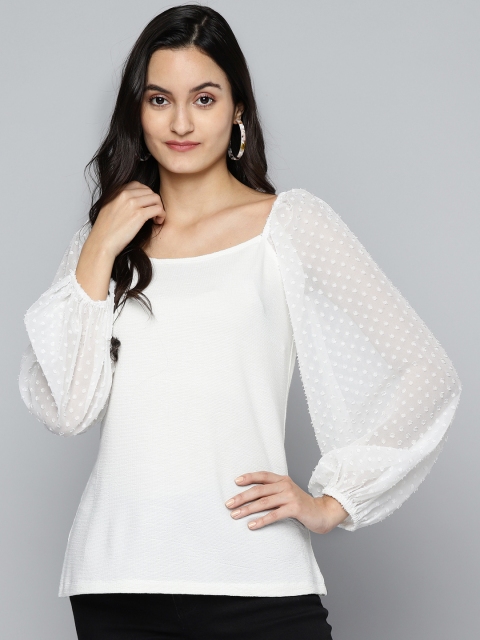 

Femella Women White Self Checked Puff Sleeves Top