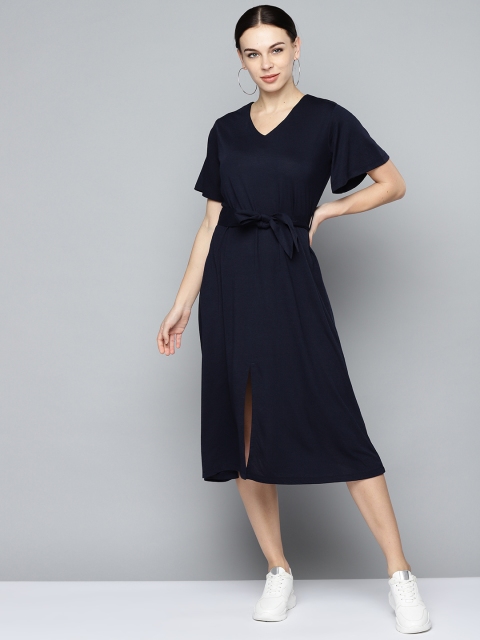 

Femella Women Navy Blue Solid A-Line Dress With Belt