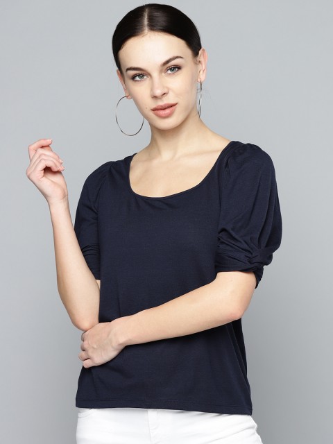 

Femella Women Navy Blue Solid Puff Sleeves Top