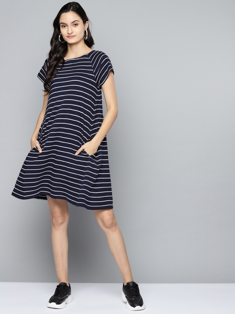

Femella Women Navy Blue & White Striped A-Line Dress