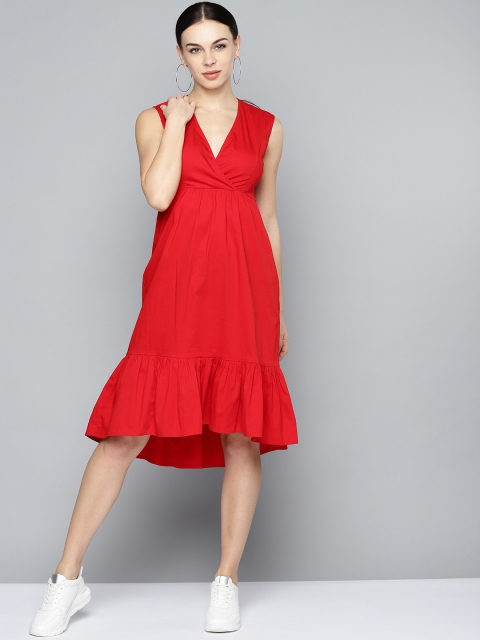 

Femella Women Red Solid Tiered Fit and Flare Dress