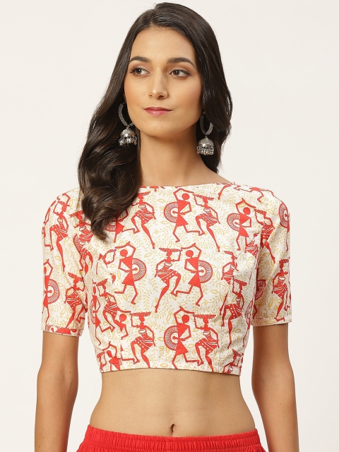 

Studio Shringaar Women Off-White & Red Warli Print Pure Cotton Saree Blouse
