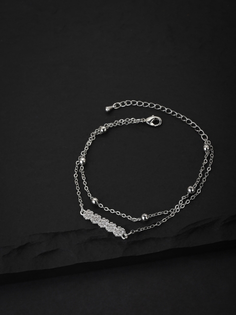 

Carlton London Silver-Toned Rhodium-Plated CZ Studded Charm Bracelet