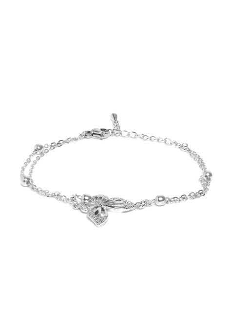 

Carlton London Silver-Toned Rhodium-Plated CZ Studded Dual Stranded Charm Bracelet