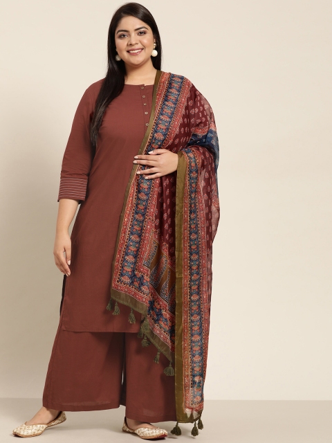 

Sztori Women Plus Size Brown Pure Cotton Straight Kurta with Palazzos & Dupatta