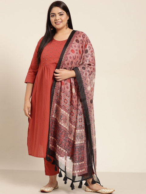 

Sztori Women Plus Size Rust Orange Yoke Design Mirror Work Pure Cotton Kurta Set
