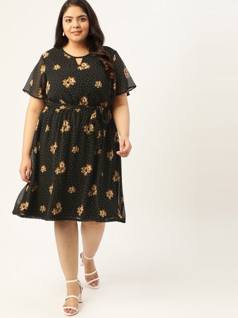 

Sztori Plus Size Black & Yellow Floral Keyhole Neck A-Line Dress & Belt