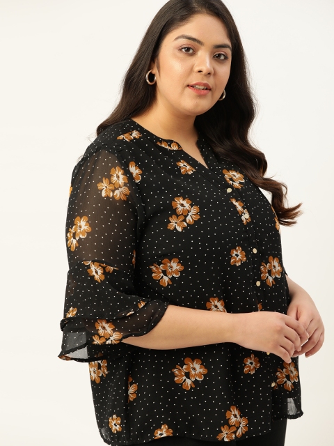 

Sztori Plus Size Black & Mustard Brown Floral Printed Bell Sleeve Regular Top