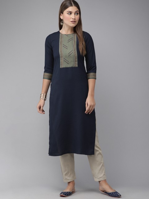 

Indo Era Women Navy Blue Ethnic Motifs Yoke Design Kurta
