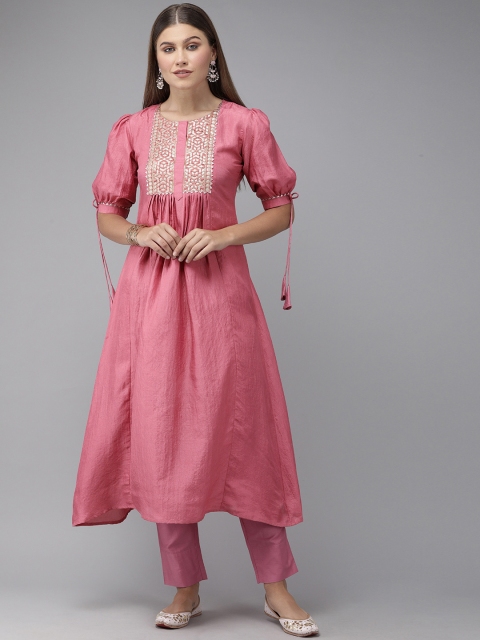 

Indo Era Women Pink Yoke Design Pleated Liva Kurta