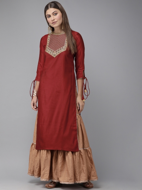 

Indo Era Women Maroon Ethnic Motifs Yoke Design Liva Kurta