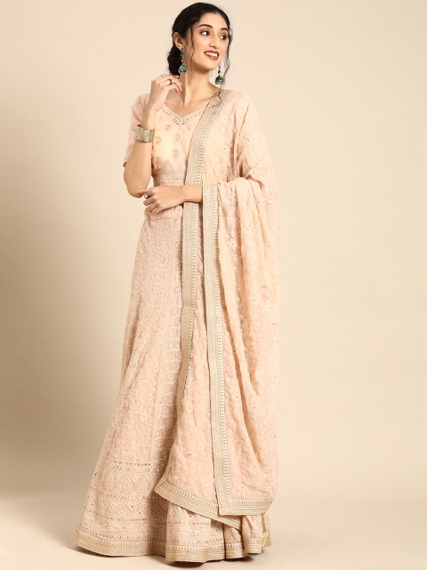 

Shaily Beige Embroidered Semi-Stitched Lehenga & Unstitched Blouse With Dupatta