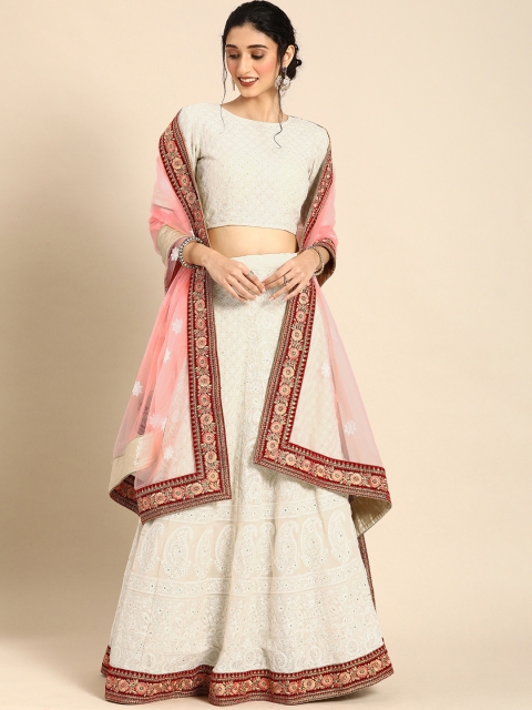 

Shaily Off-White & Pink Embroidered Semi-Stitched Lehenga & Unstitched Blouse with Dupatta