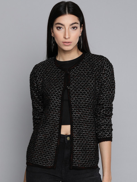 

Pierre Carlo Women Black & Grey Self Design Cardigan
