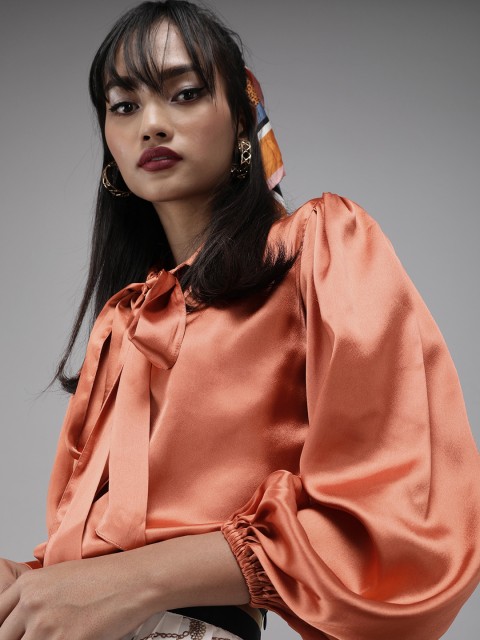 

The Dry State Women Copper-Toned Tie-Up Neck Satin Regular Top